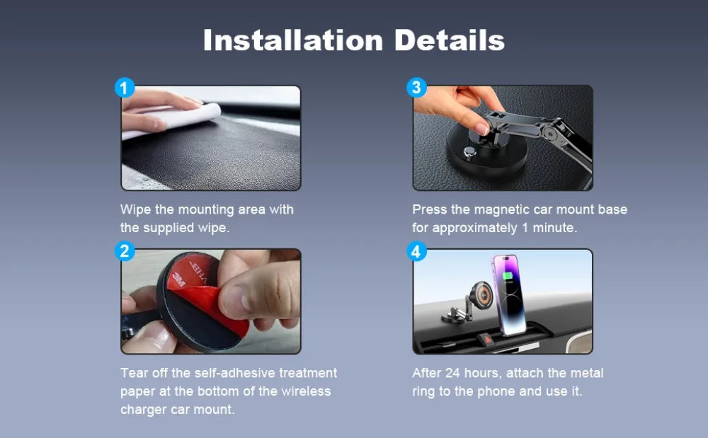 Four-step guide showing installation of a black, magnetic, adjustable car phone mount on a vehicle dashboard.