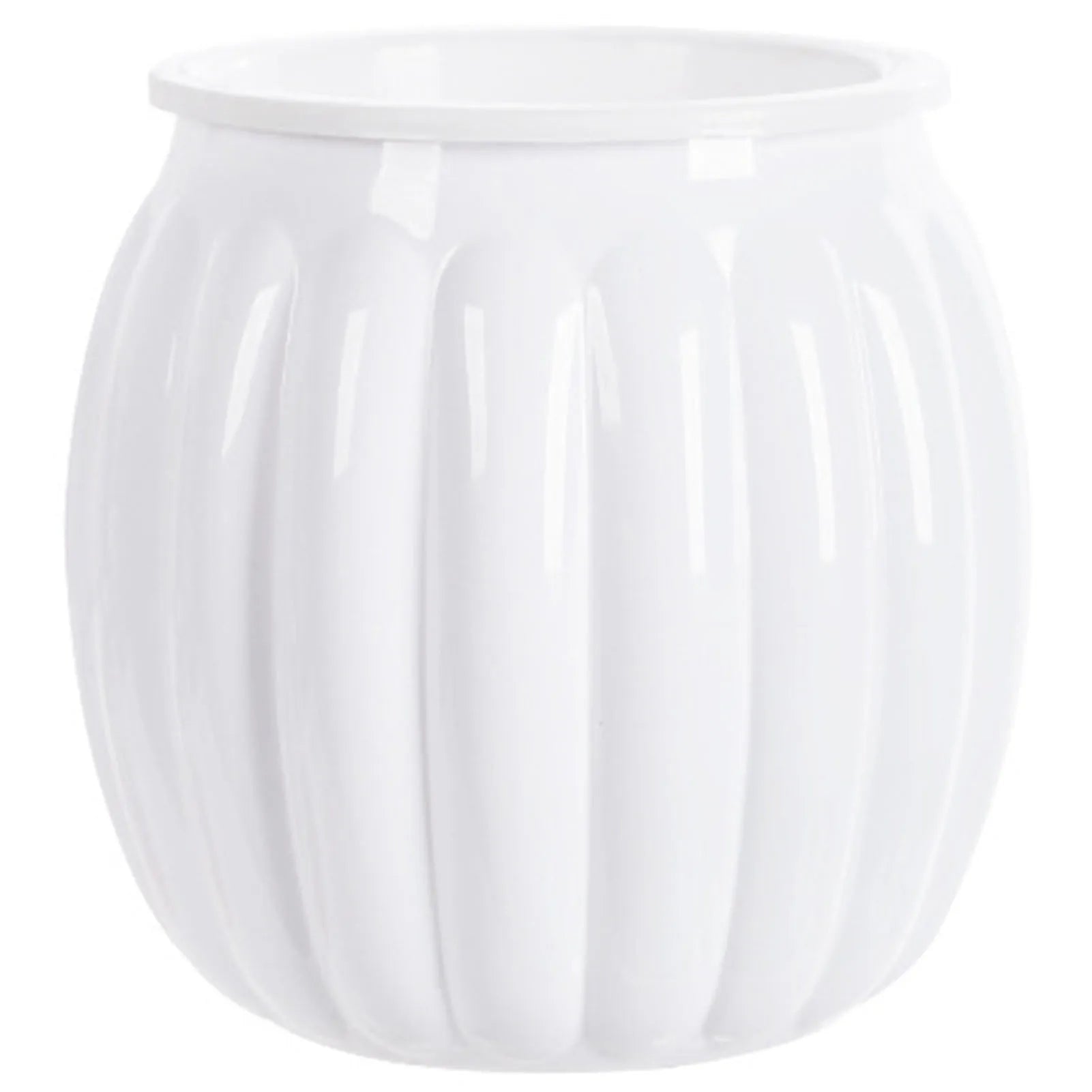 A glossy, white, round self-watering planter with a vertical ribbed design, isolated on a white background.