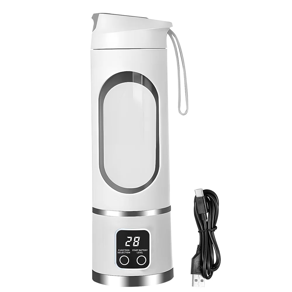 White portable electric blender with a digital display, viewing window, carrying strap, and USB charging cable.
