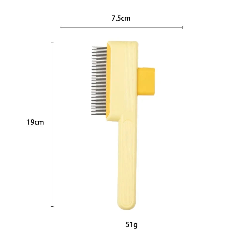 Yellow pet grooming slicker brush with fine metal bristles and size dimensions, isolated on a white background.
