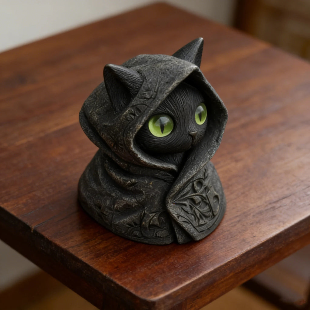 Small, dark grey resin cat figurine wearing a detailed patterned hood, featuring striking, bright green eyes.