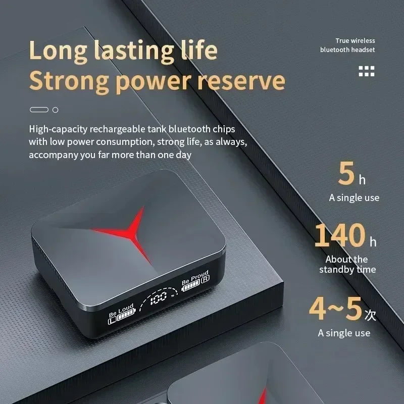 A black rectangular wireless earbud charging case featuring a red glowing logo and a digital battery display.