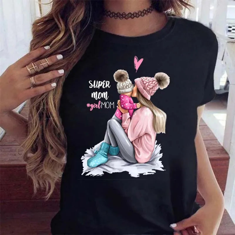 Black t-shirt featuring a graphic of a mother and daughter in winter hats with text reading "Super mom #girlMOM".