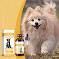 Natural allergy and immune supplement for dogs, presented in an amber dropper bottle with box, next to a fluffy dog.