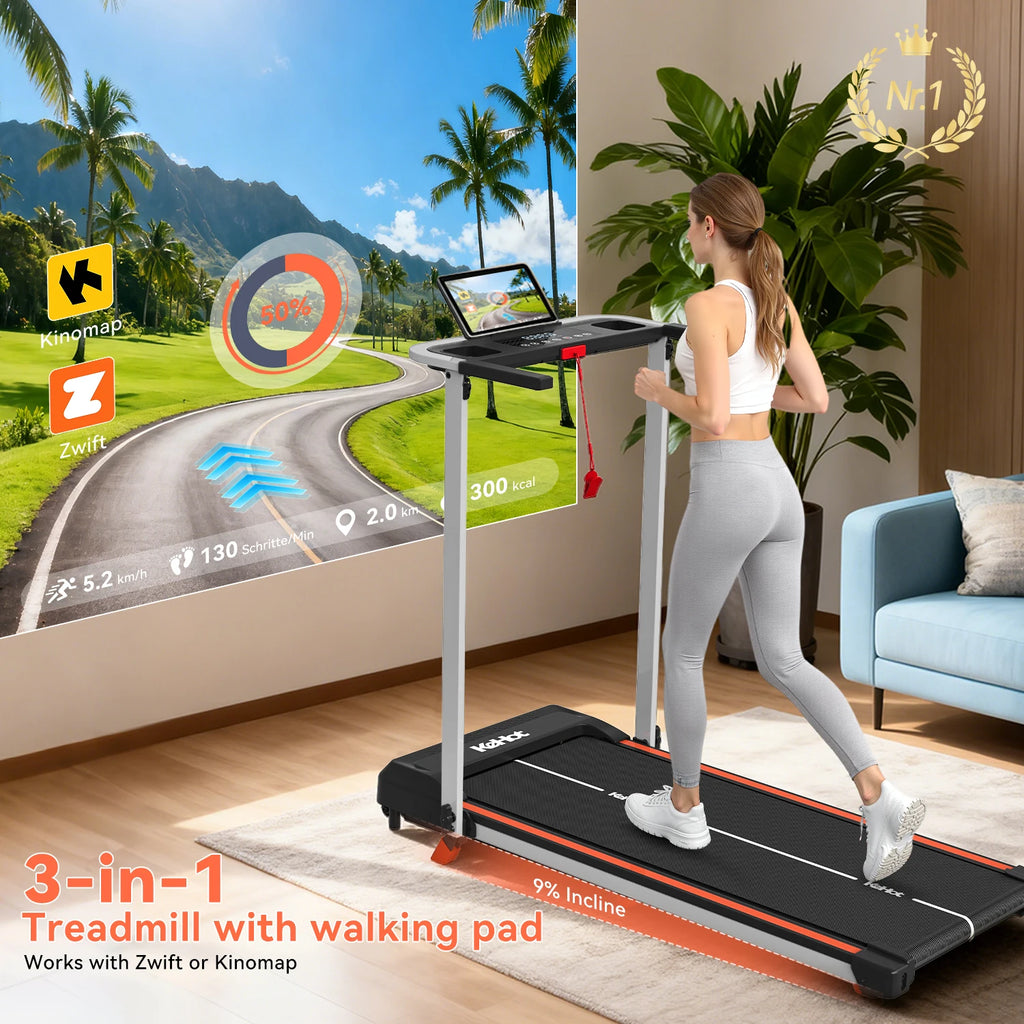 A woman in workout gear runs on a treadmill. A projected scenic path with app icons is on the wall behind her.