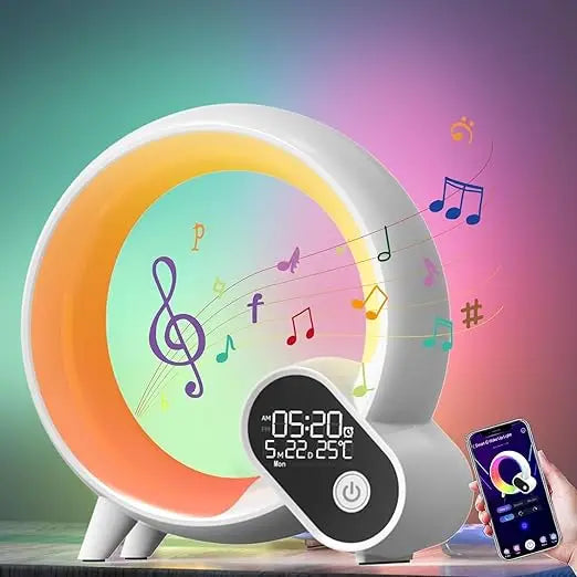 White circular LED wake-up light with digital clock display, multicoloured mood lighting, and smartphone app control.