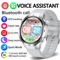 Silver smartwatch with a white silicone strap and round HD touch screen displaying health and fitness data.