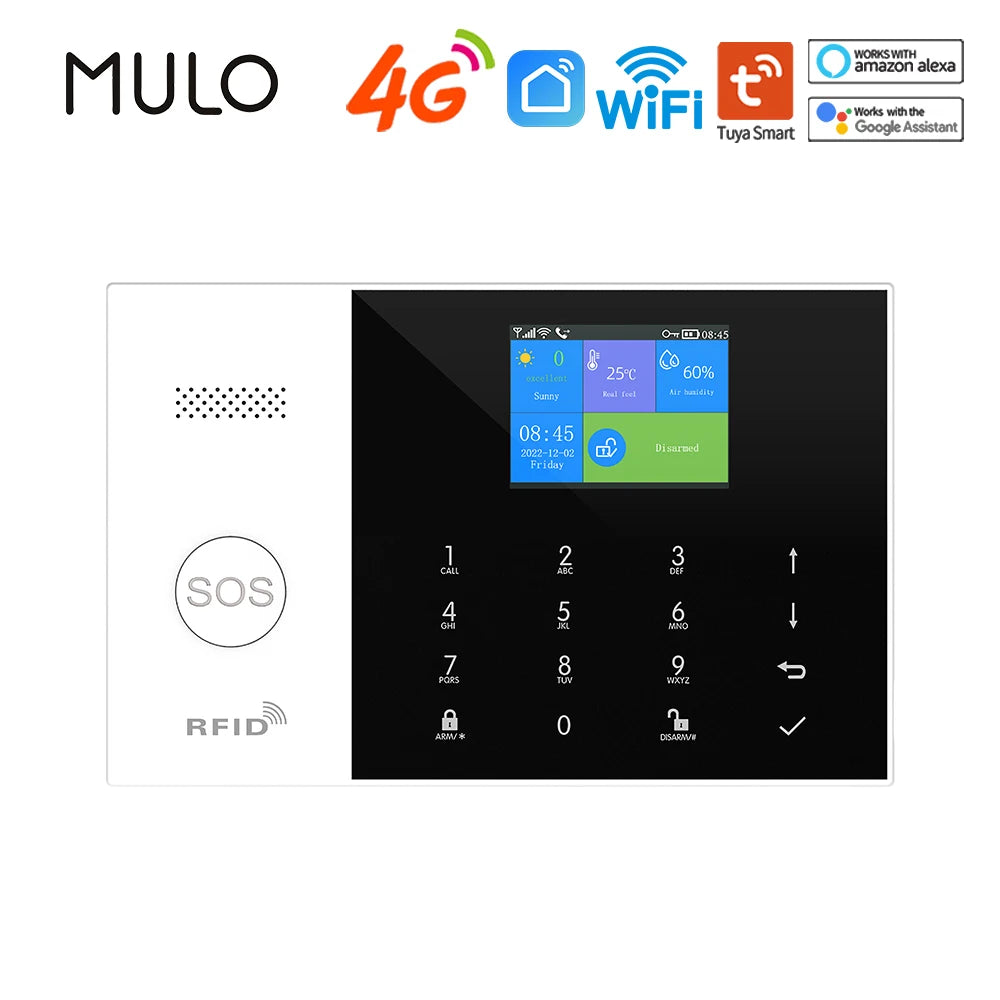 Sleek white and black smart home alarm panel with digital touchscreen, numeric keypad, SOS button, and RFID reader.
