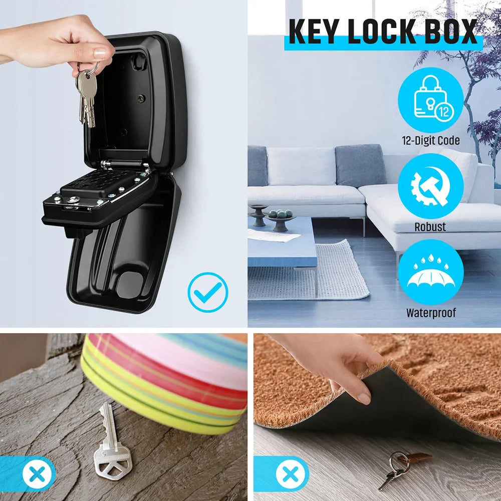 Black wall-mounted metal key lock box with a 12-digit combination keypad. Water-resistant secure key storage.