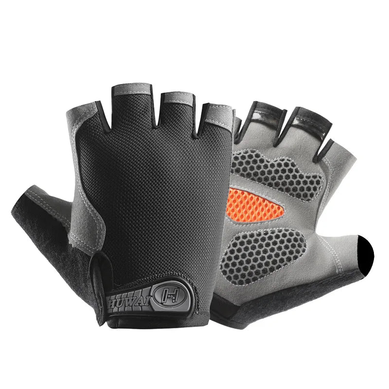 Fingerless cycling gloves in black and grey, featuring textured palm padding, orange mesh detail, and wrist strap.