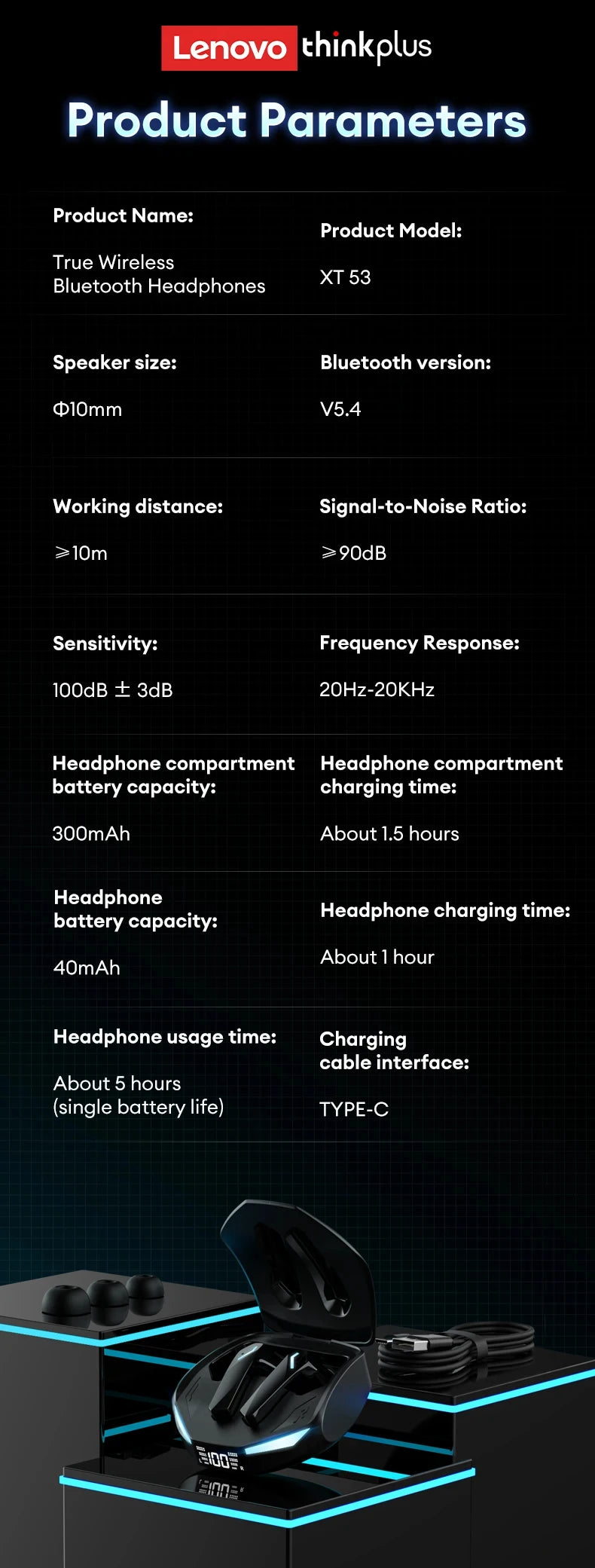 Black true wireless earbuds in a glowing charging case with digital display, listed with technical specifications.