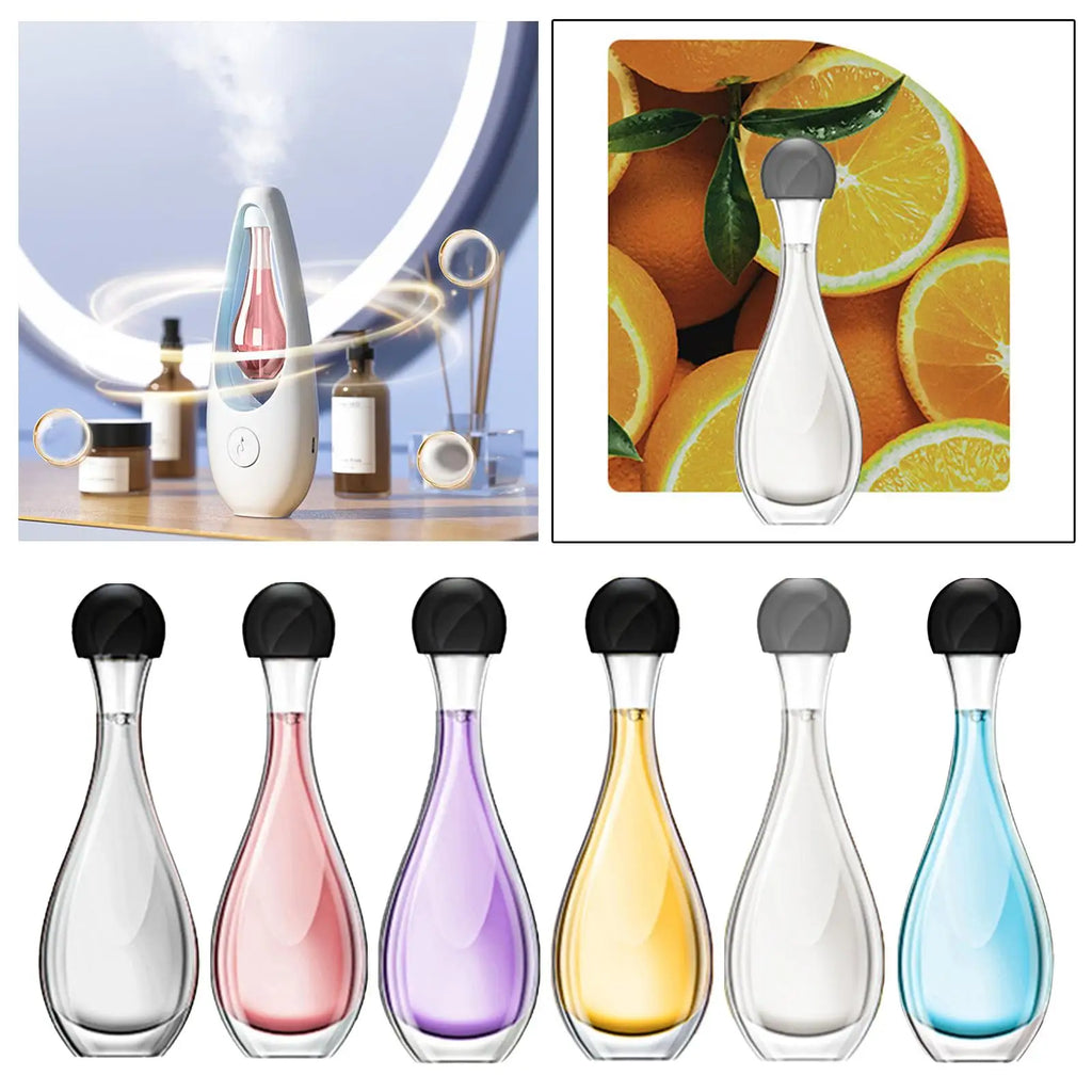 Teardrop-shaped electric essential oil diffuser with misting feature, available in multiple coloured liquid options.