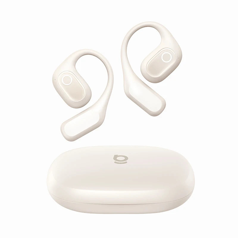 Cream-colored open-ear wireless earbuds with ear hooks and a matching compact charging case.