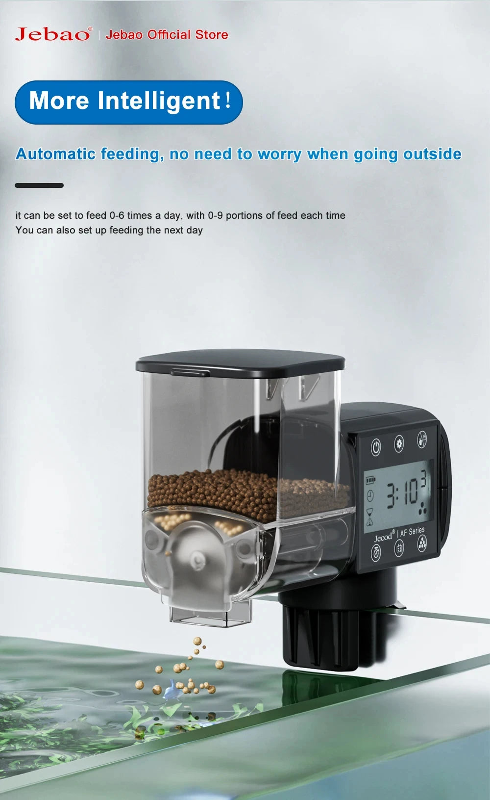 Black automatic aquarium fish feeder with a clear, refillable food hopper and a digital control panel.