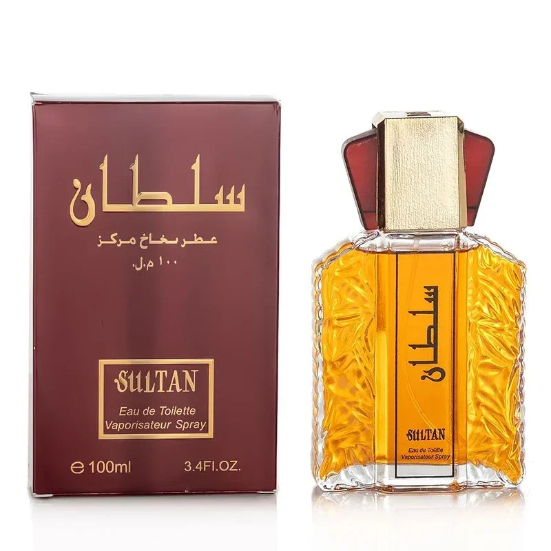 Sultan perfume spray in textured glass bottle with gold accents, beside its matching maroon box.
