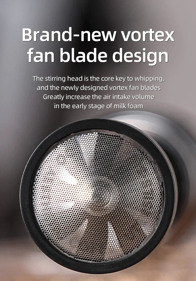 Black milk frother whisk head with a metallic mesh screen and internal vortex fan blades for efficient foaming.