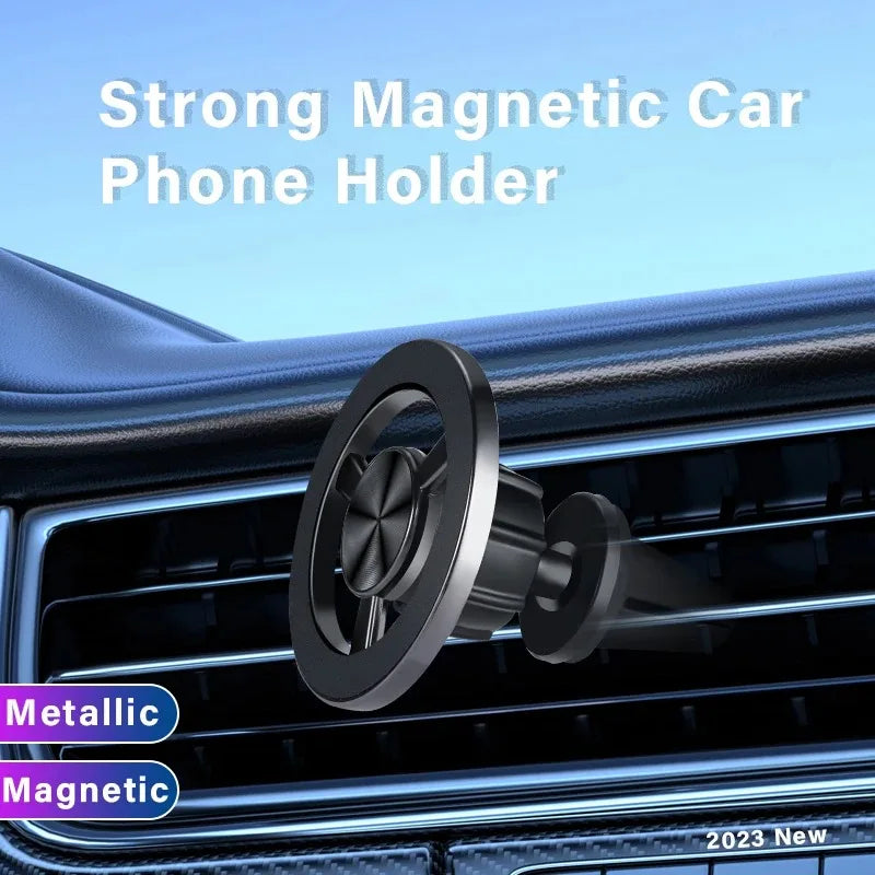 Black circular magnetic car phone mount for air vents, featuring a minimalist metallic design.