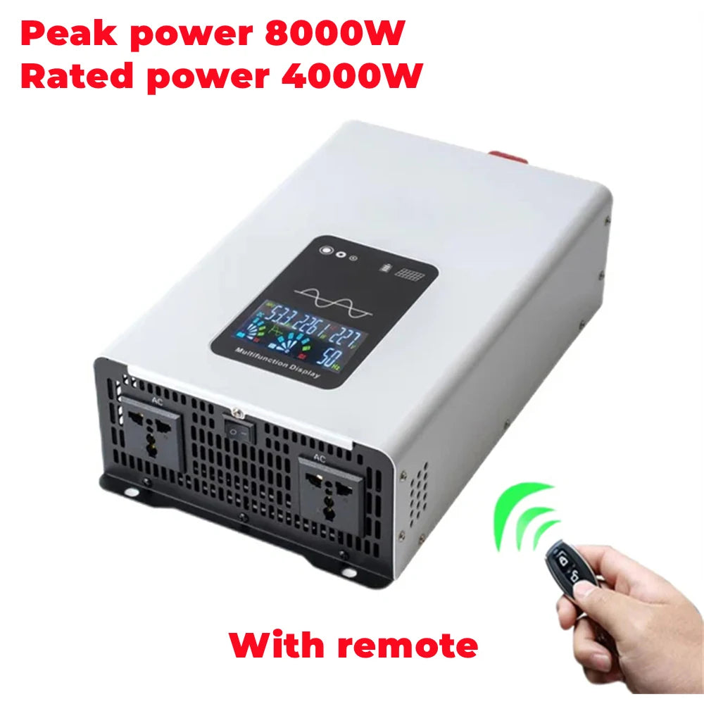 Silver 4000W-8000W pure sine wave power inverter with a digital display, two AC sockets, and a handheld remote control.