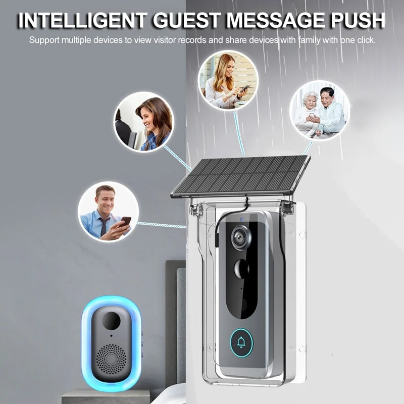 Sleek silver smart video doorbell with solar panel, protective cover, wireless chime, and mobile app connectivity.