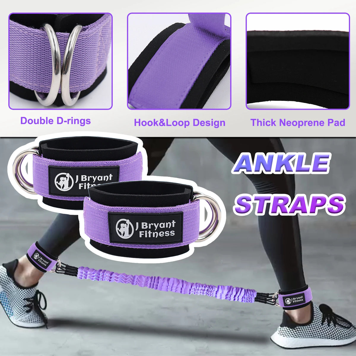 Purple ankle resistance bands with thick neoprene padding, double D-rings, and hook-and-loop closures.