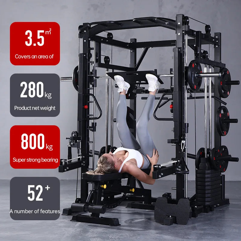 Black multi-functional Smith machine and squat rack with attached bench, weights, and a woman doing leg presses.