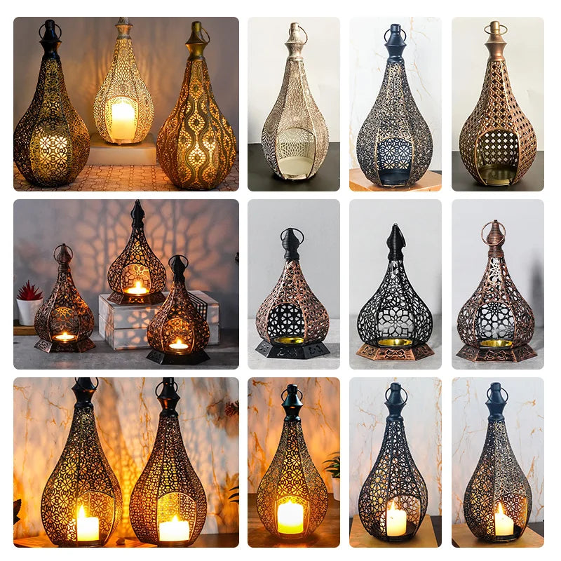 Moroccan style teardrop iron candle lanterns with intricate hollow-cut filigree patterns in various metallic finishes.