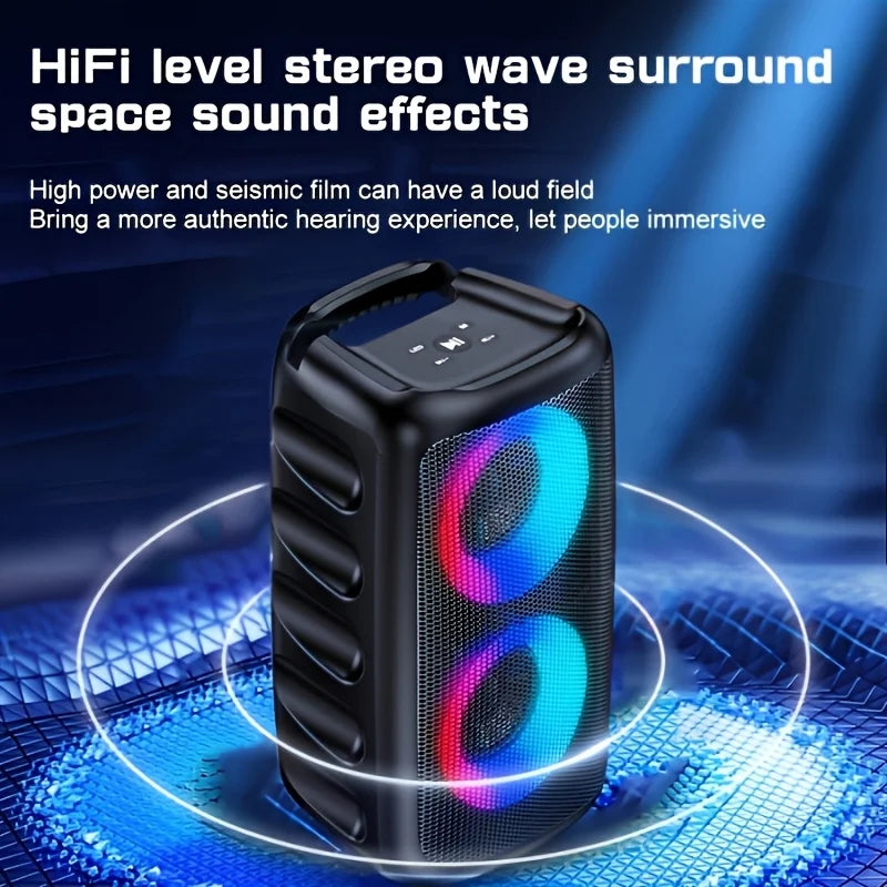 Black portable wireless speaker with a built-in handle, featuring two circular, colour-changing LED light rings.