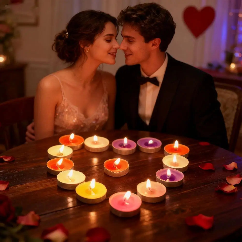 Set of colourful tea light candles arranged in a heart shape on a wooden table, with a romantic couple in the background.