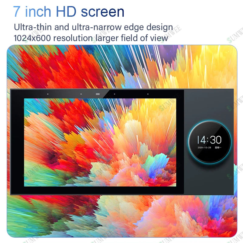 Black 7-inch wall-mounted smart control panel with a vibrant abstract display and circular digital clock feature.