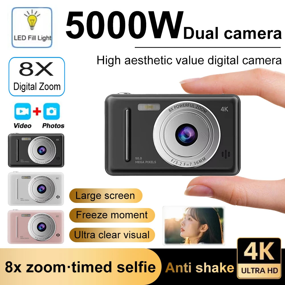 Compact black plastic digital camera with 8x zoom lens, 4K resolution, LED fill light, and built-in screen.