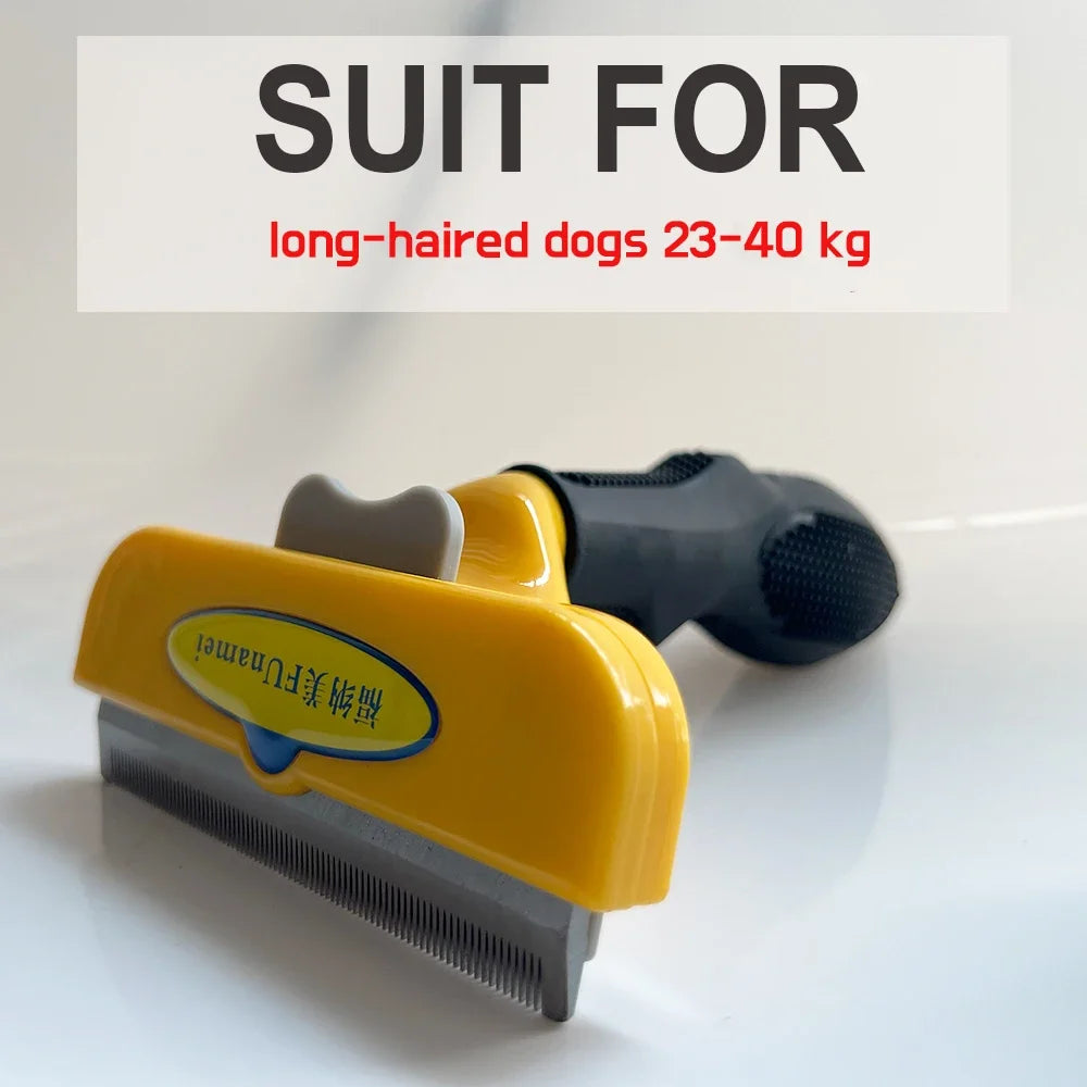 Yellow and black dog deshedding tool with a metal grooming blade, designed for long-haired dogs 23–40 kg.