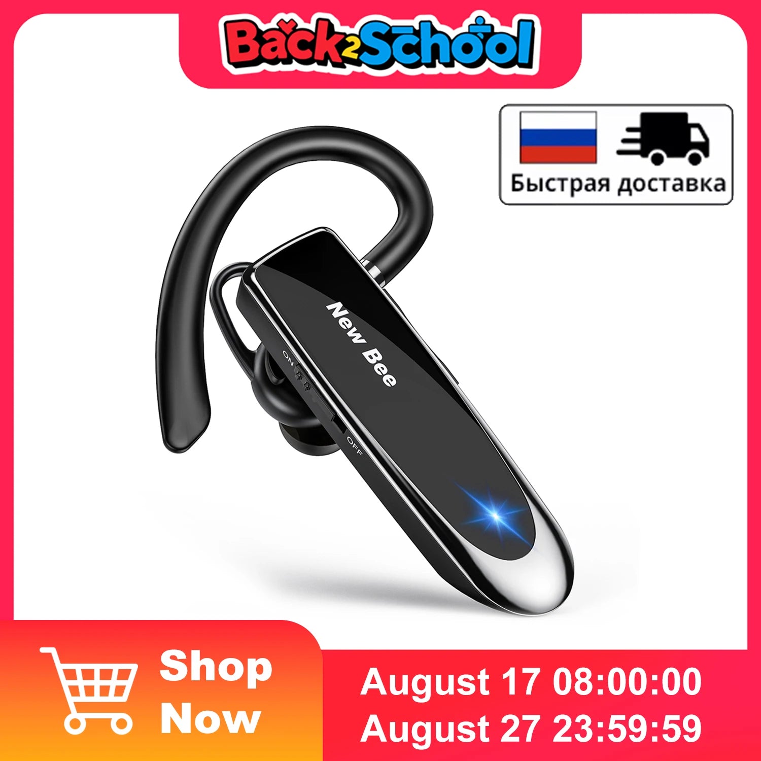 Sleek black wireless Bluetooth headset with an ear hook and integrated microphone, featuring a glowing blue light.