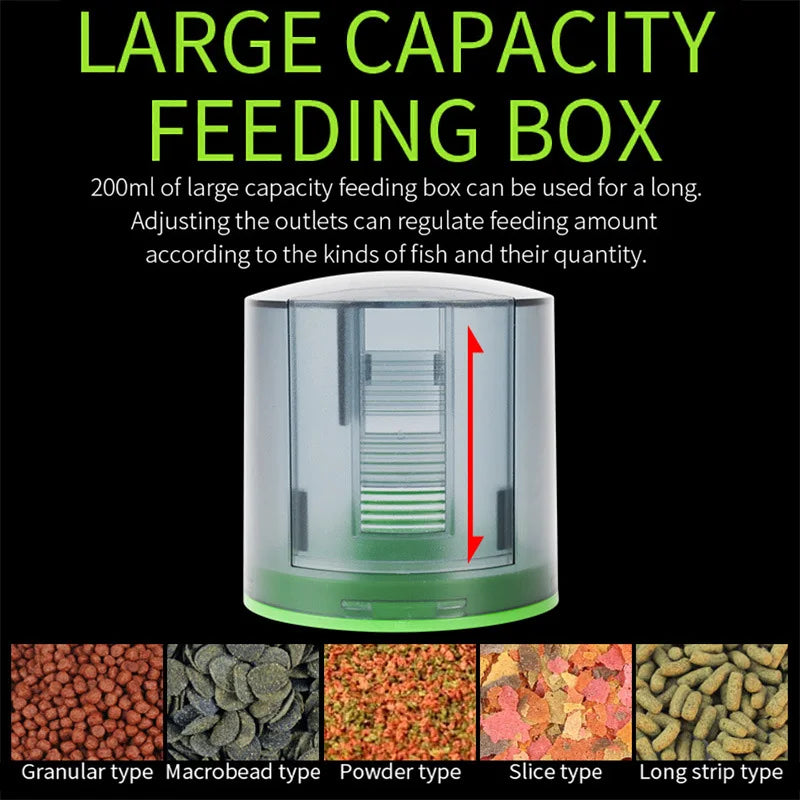 Clear 200ml fish feeder with an adjustable slider, shown with various types of food, against a black background.
