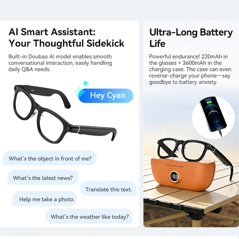 Sleek black AI smart glasses with integrated camera, shown with a portable charging case and mobile device.