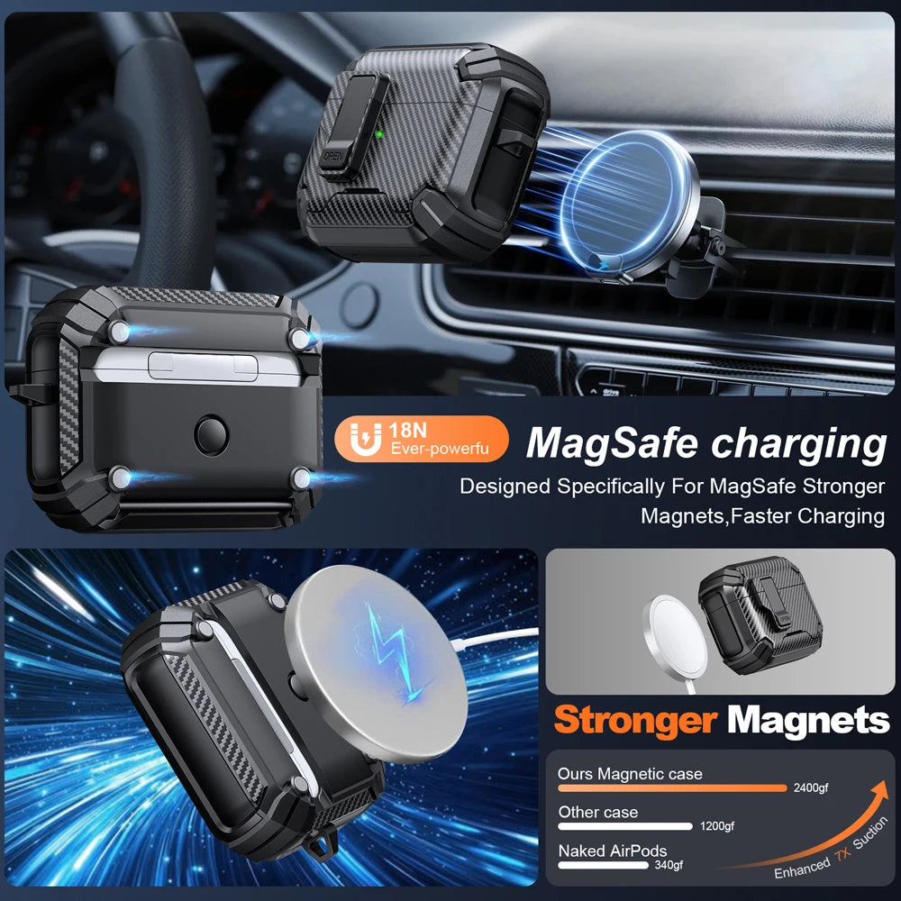 Rugged black carbon fibre-style MagSafe case for AirPods Pro, featuring a secure clip and magnetic charging.