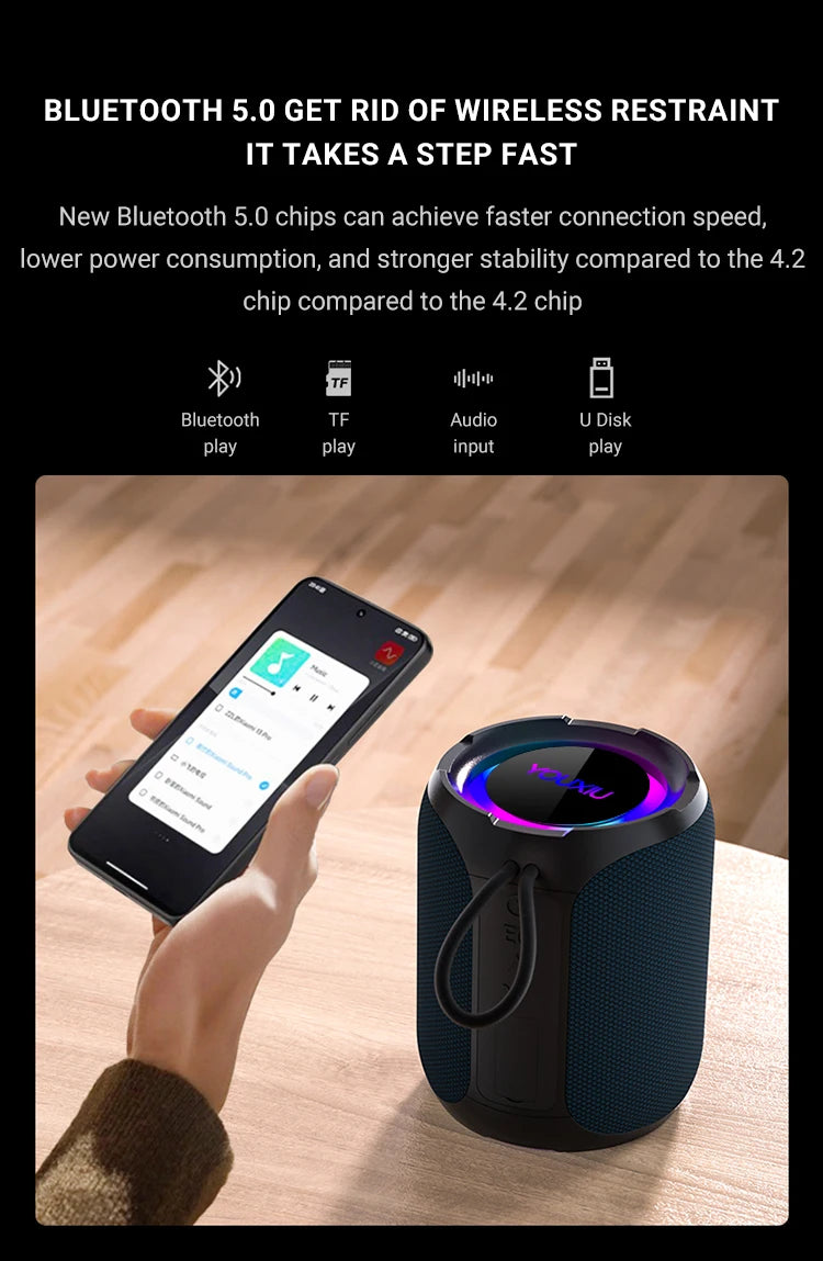 Portable dark blue cylindrical Bluetooth speaker with a glowing LED ring top and a convenient carry loop.