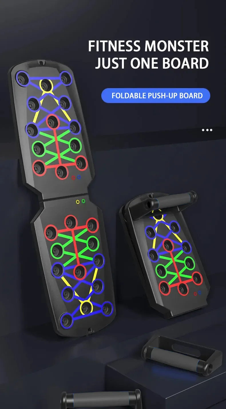 Black foldable push-up board with colourful, multi-angle exercise slots and two padded hand grips for home workouts.