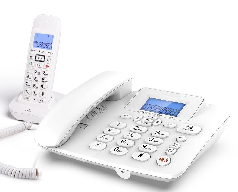 White corded desk phone with a matching cordless handset, both featuring LCD screens and clear numeric keypads.