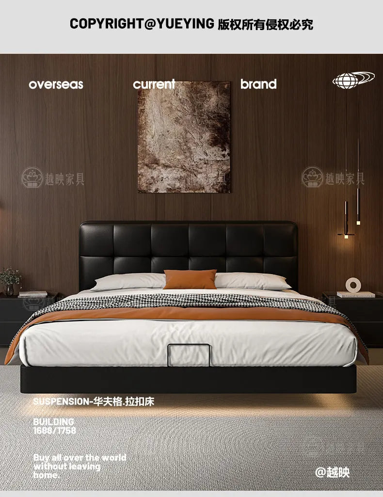Luxury modern black leather floating double bed with a tufted headboard and under-bed LED lighting.
