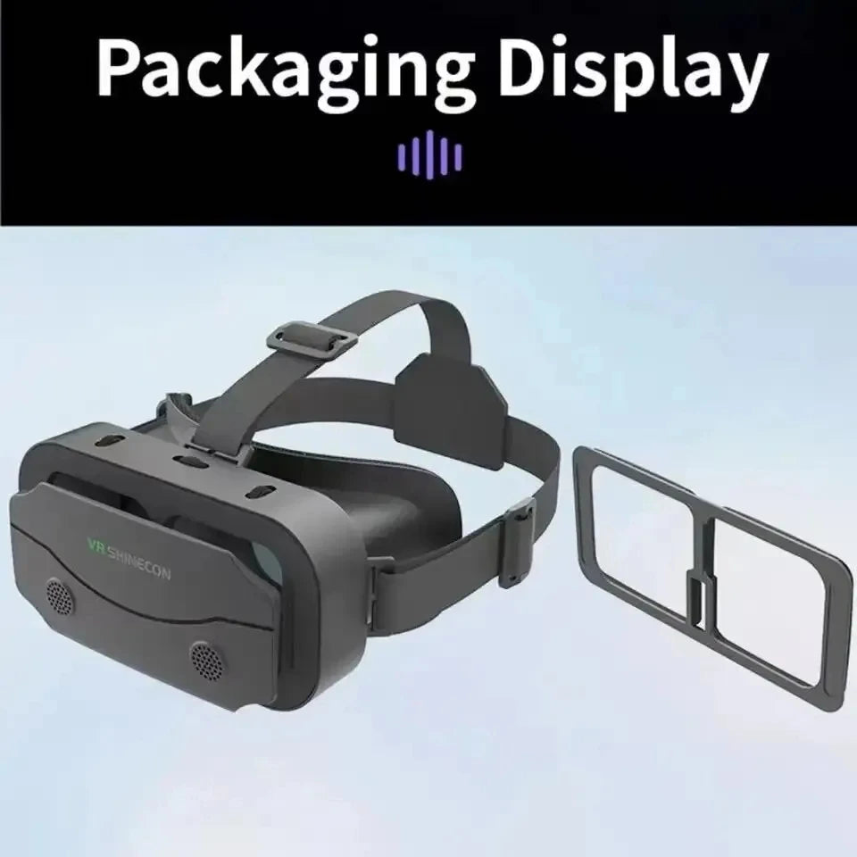 Dark gray VR headset with adjustable head straps and a separate matching rectangular lens frame.