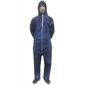 Person wearing a dark blue, hooded, disposable non-woven protective coverall with a white front zipper.