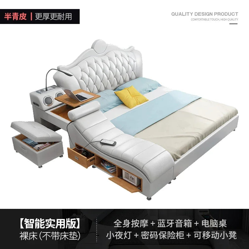 White, button-tufted double bed with integrated storage, side drawers, laptop desk, speakers, and a matching ottoman.