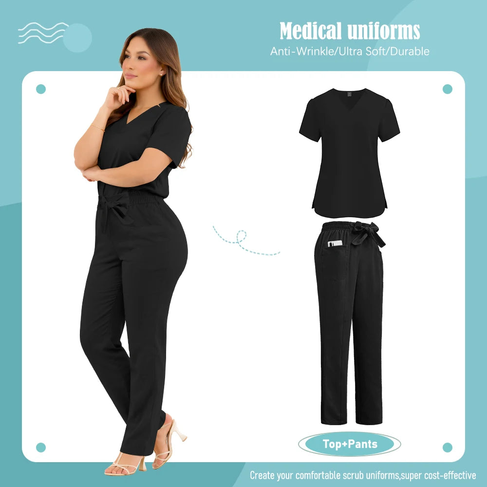 A woman wearing a black V-neck medical scrub set with a tie-waist, shown alongside the top and trousers separately.