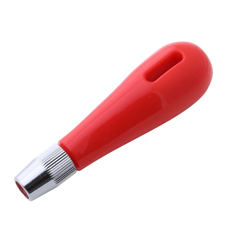Red craft tool handle with a shiny silver metal ferrule and a hanging slot, isolated on a white background.