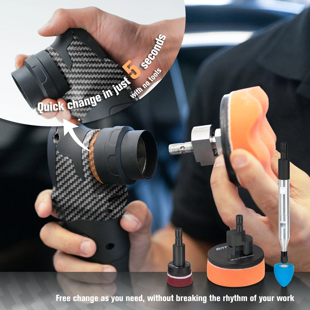 BATOCA S4 cordless car polisher in black carbon fiber pattern, showing quick-change heads and attachments.