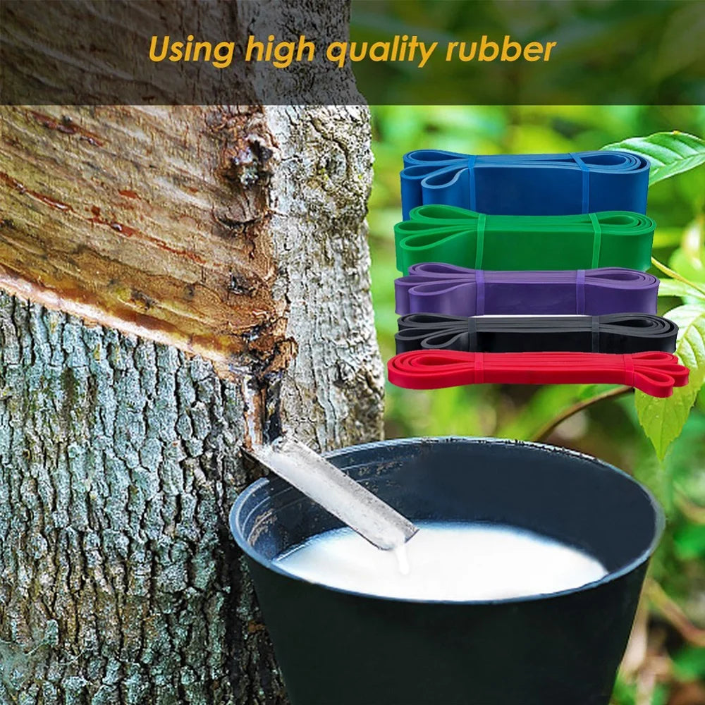 A stack of five colourful flat rubber resistance bands in blue, green, purple, black, and red.