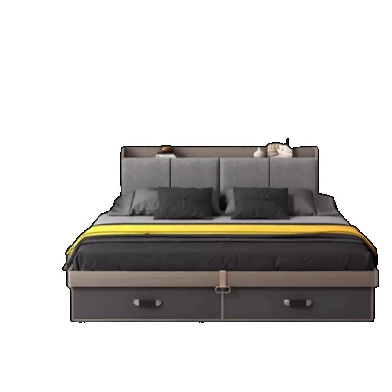 Modern grey leather bed with a shelved headboard, integrated storage drawers, and a sleek, contemporary design.