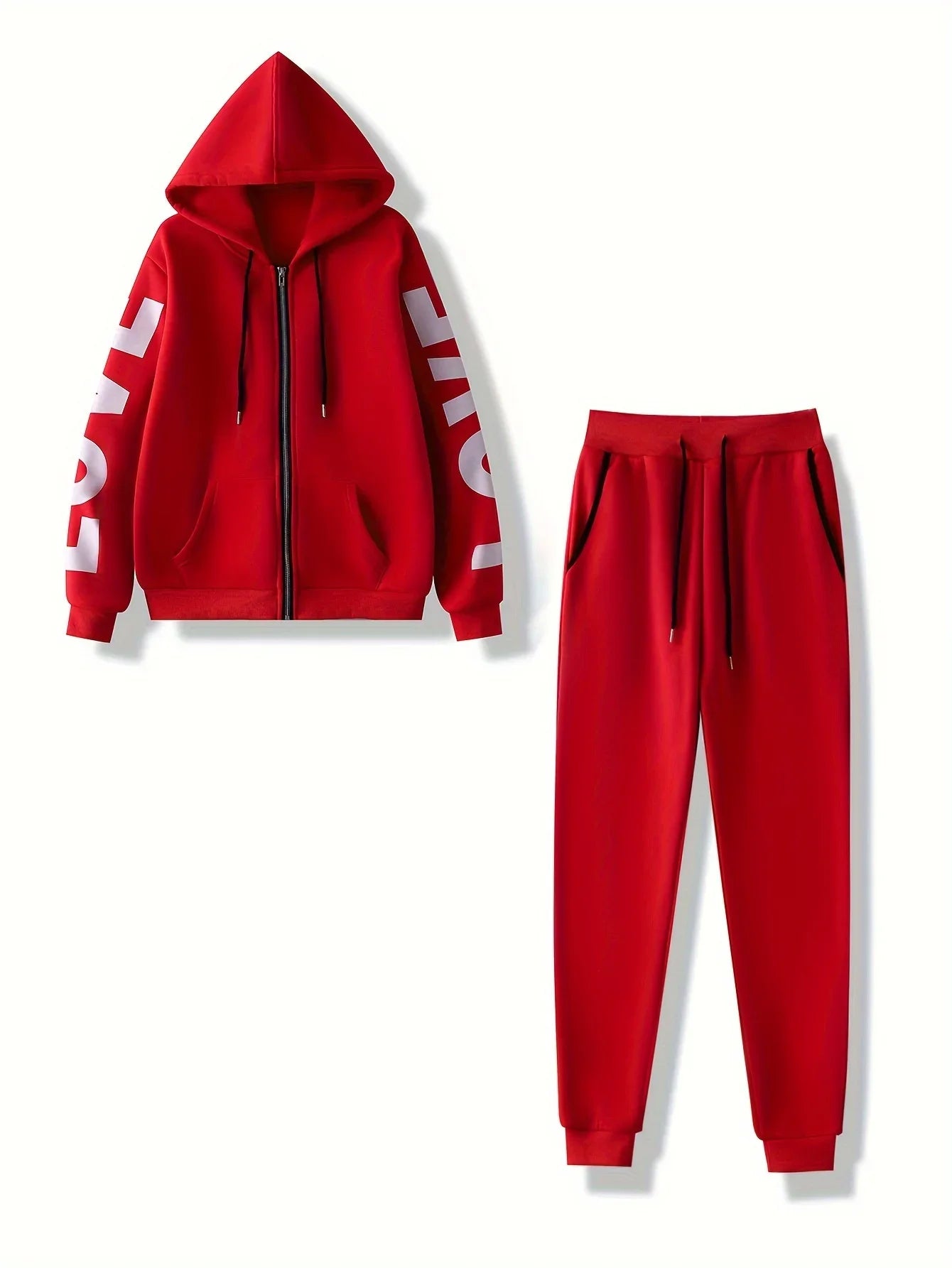 Red two-piece tracksuit featuring a zip-up hoodie with 'LOVE' on the sleeves and matching cuffed joggers.