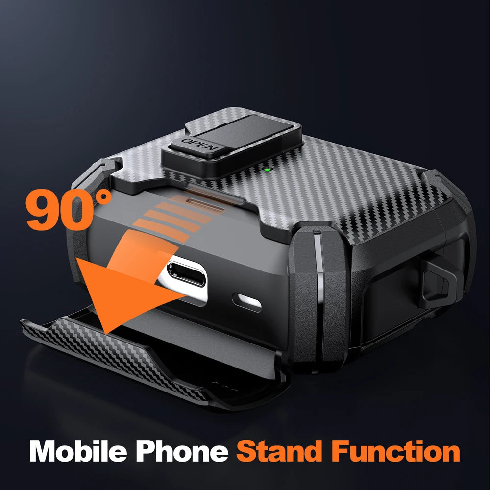 Rugged black carbon-fibre effect AirPods case with 90-degree folding stand feature and port access.