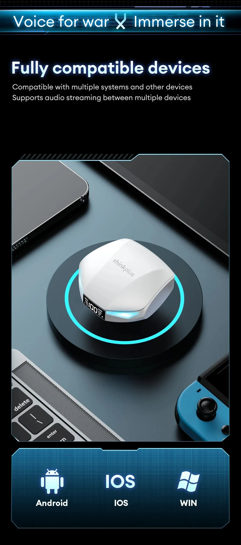 White, angular wireless earbud charging case with a digital battery display on a black circular charging pad.